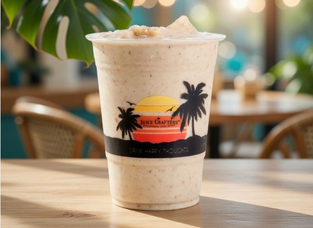Pacific Love cold-pressed daily treatment smoothie — Banana, Almond Butter, Cacao Nibs, Dates, Maca & Almond Milk